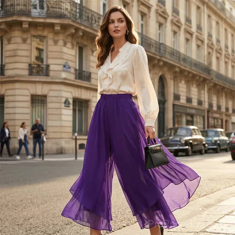 Women's Asymmetrical Chiffon Wide-Leg Pants, Purple, S - View 6