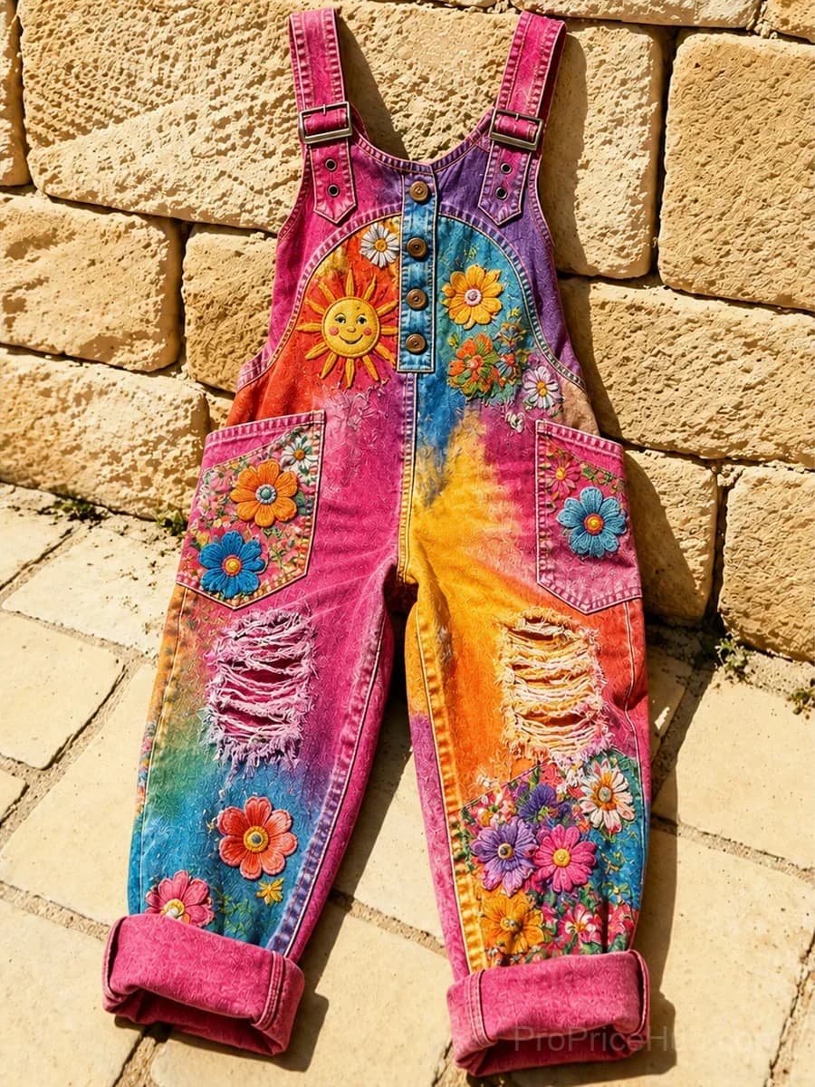Women's Retro Art Print Denim Patchwork Jumpsuit - Main