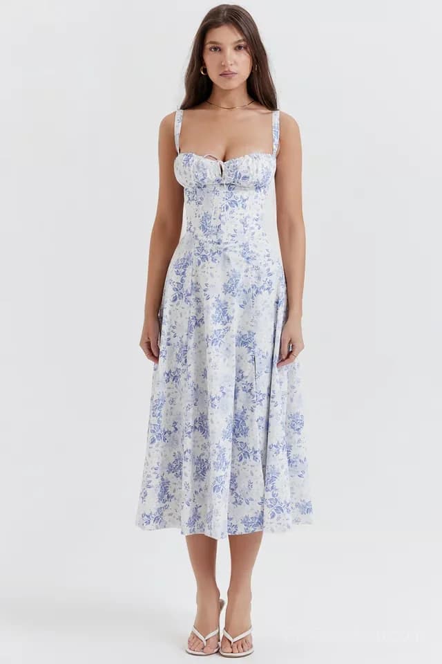 Red Floral Print Bustier Sundress, Size S - View 32