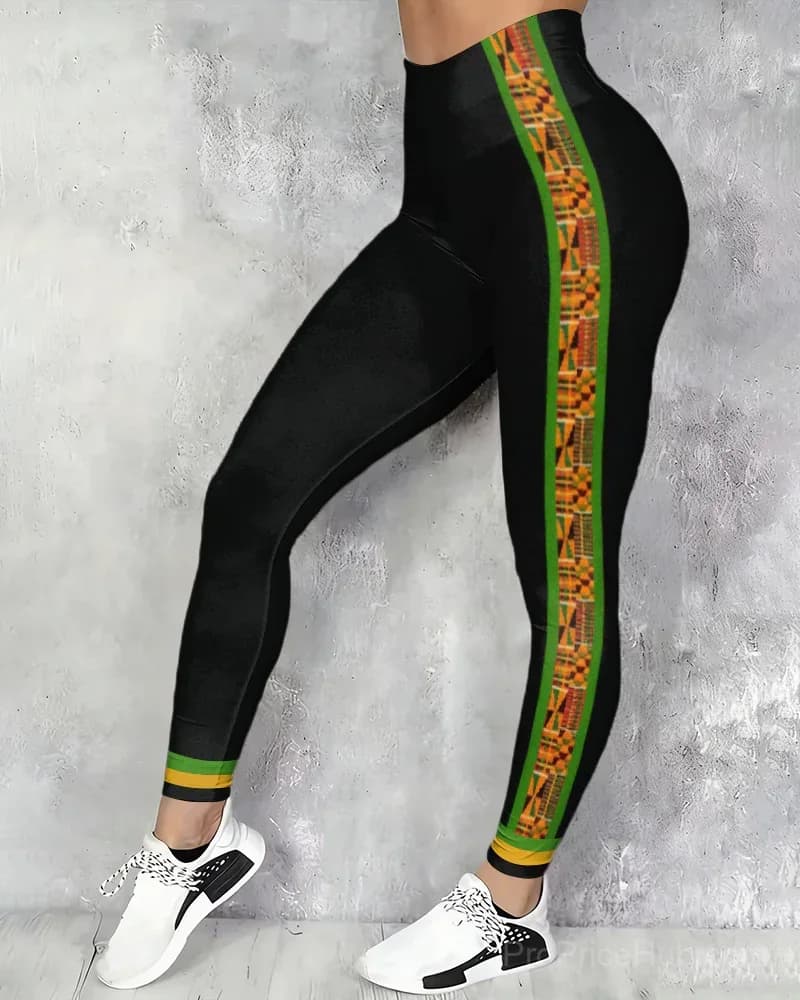 African Geometric Print High-waisted Fitted Stretchy Leggings - Main