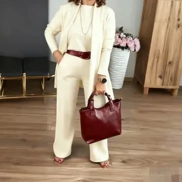 3-Piece Long Cardigan, Top and Pants Set, Brown, S - View 13