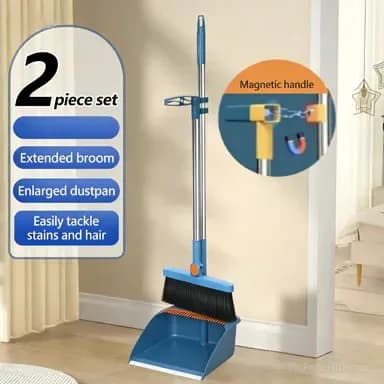 Stand-Up Dustpan and 180° Rotating Broom Set, Blue - View 15