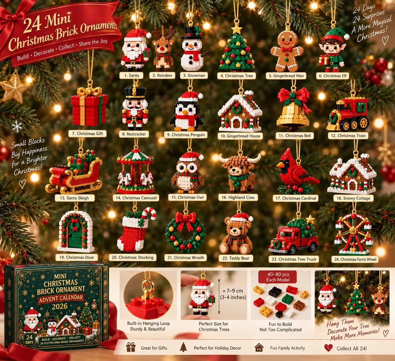 24-Day Mini Brick Christmas Ornament Advent Calendar - Alt