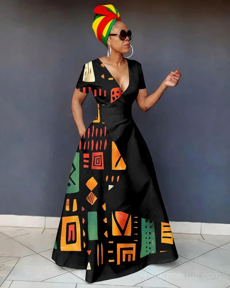 Reggae-Colored V-Neck African Geometric Maxi Dress with Pockets - Main