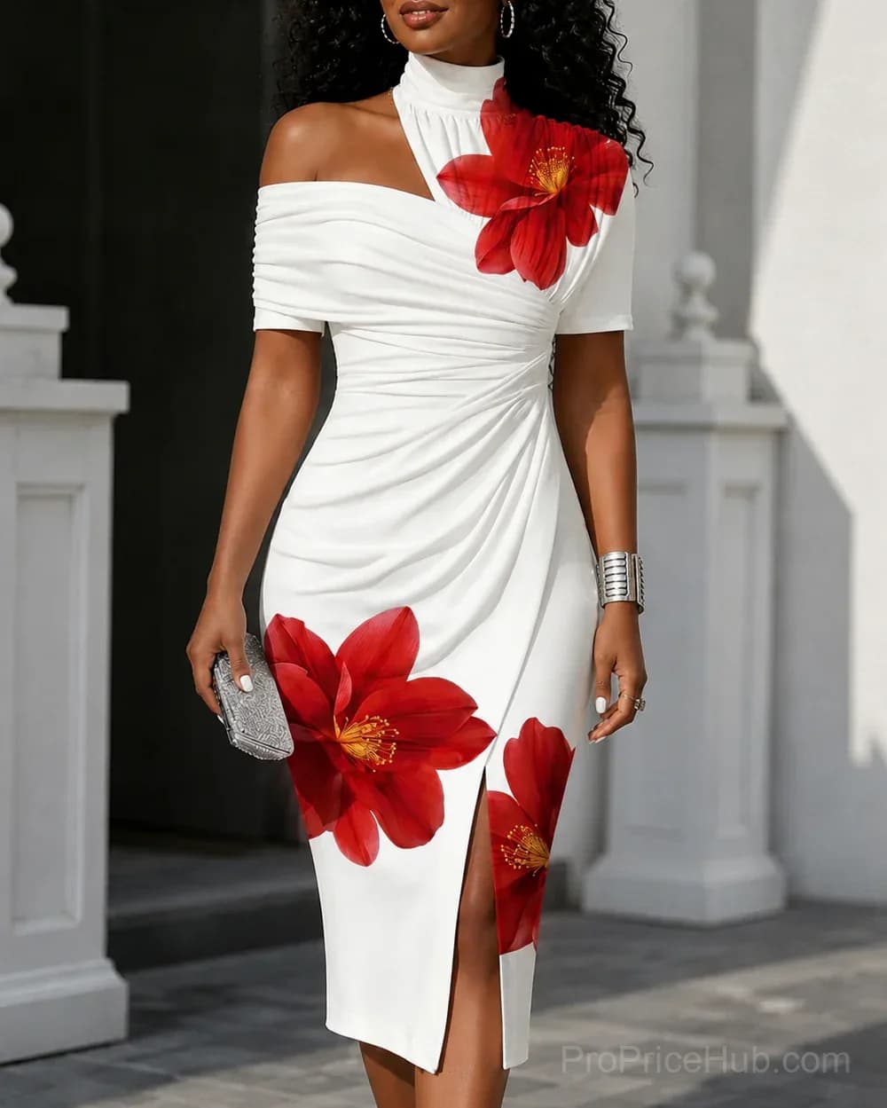 One-Shoulder Asymmetrical Midi Dress with Large Floral Print - Alt
