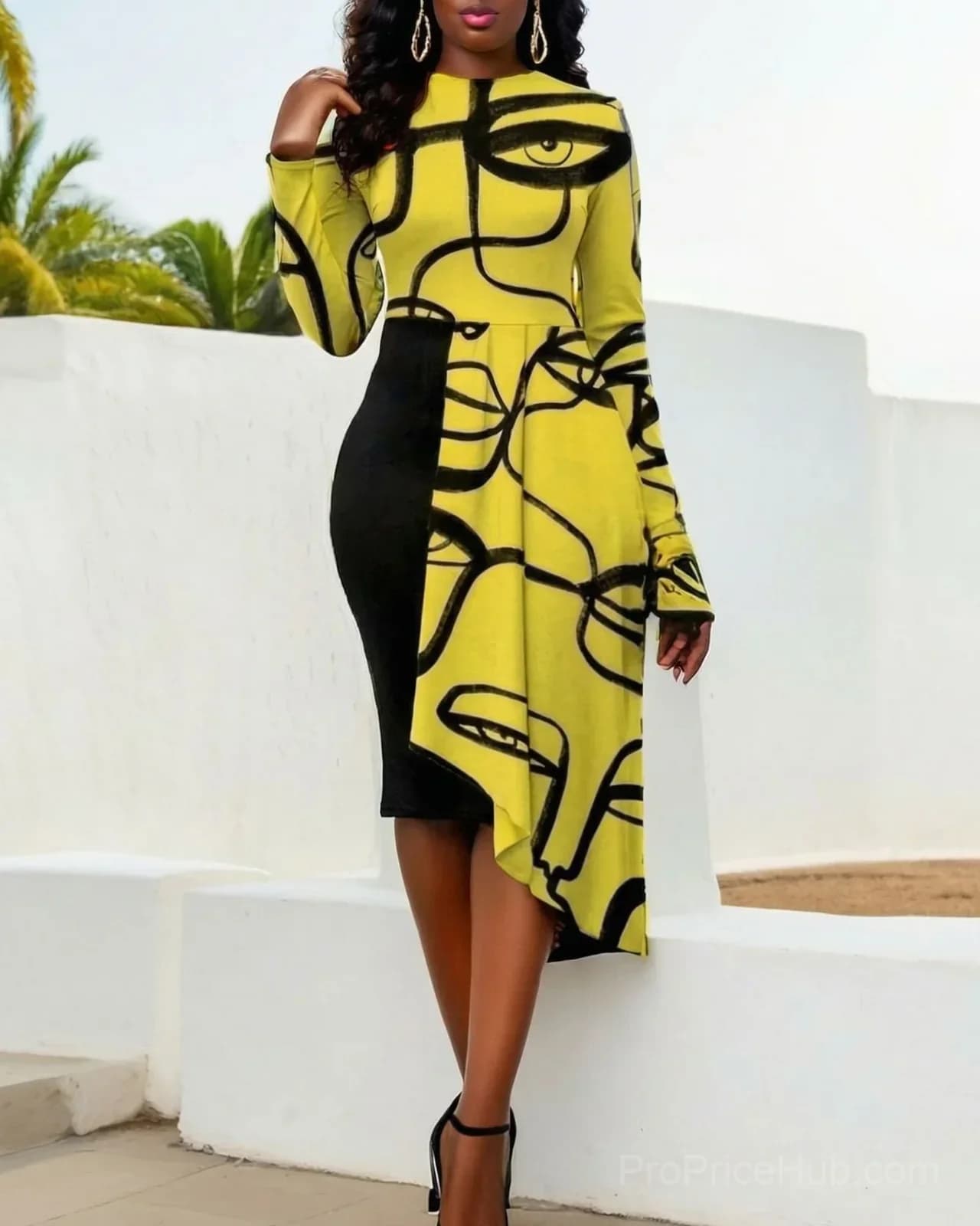 Crew Neck Long Sleeve Asymmetrical Hem Face Print Dress - View 3