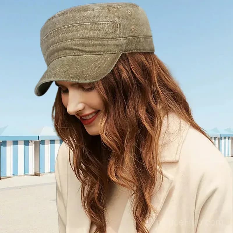 Khaki Distressed Flat-Top Duckbill Cap, Breathable Hat - Alt