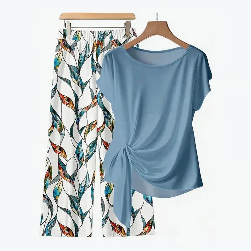 Women's Side-Tie Top & Patterned Pants Set, Light Blue, S (UK 8) - Main