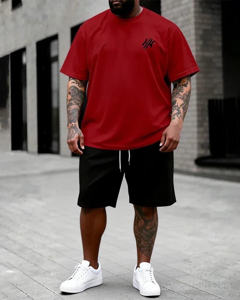 Big & Tall Men's Dark Brown Letter Print T-Shirt & Shorts Set - View 11