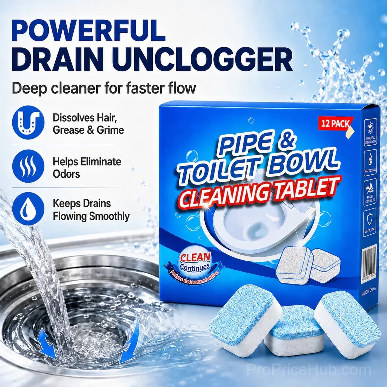 Drain Cleaning Tablets 12-Pack for Sinks, Showers & Washing Machines - Main