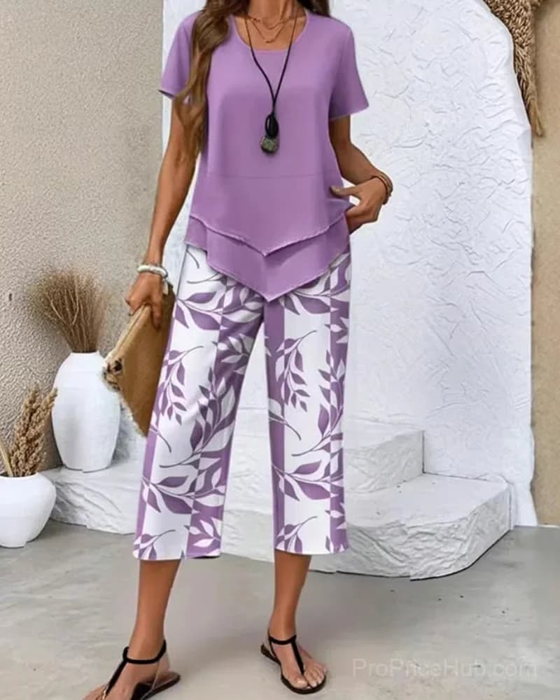 Printed Cropped Pants Casual Two-Piece Set, Green, US 4/S - Alt