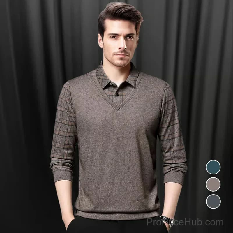 Men's Faux Two-Piece Lapel Long-Sleeve Top, Grey M - View 2