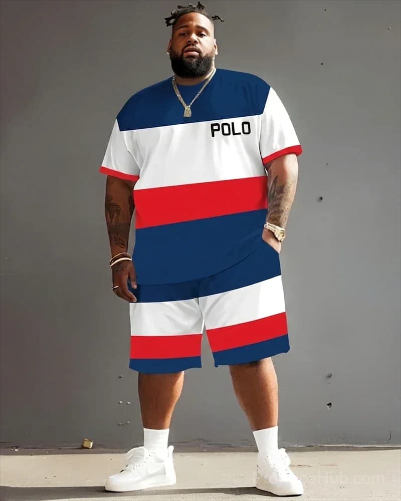 Big Guy's Polo Color Stripes T-Shirt and Shorts Set - View 17