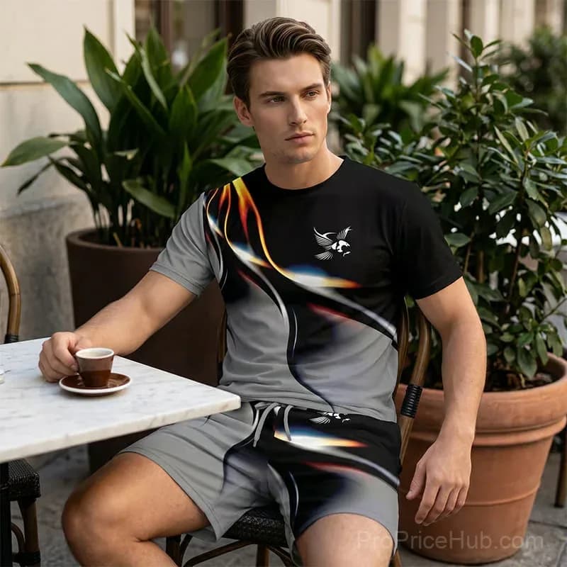 Men's Abstract Print T-Shirt & Shorts Set, Gray, Small - View 7