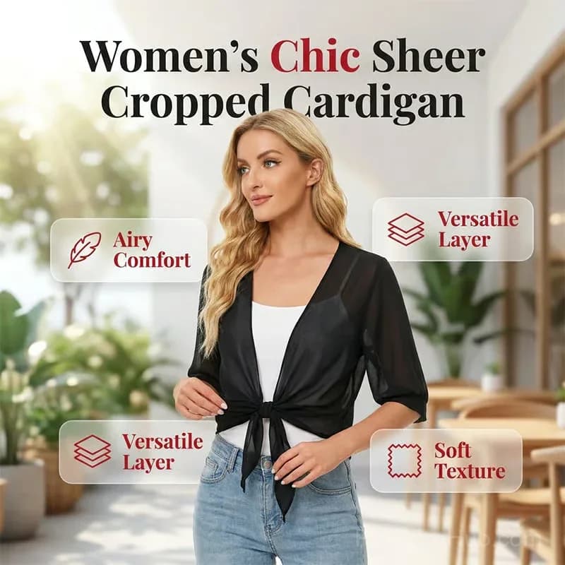 Women's Sheer Chiffon Tie-Front Cropped Top, Black, S - View 2