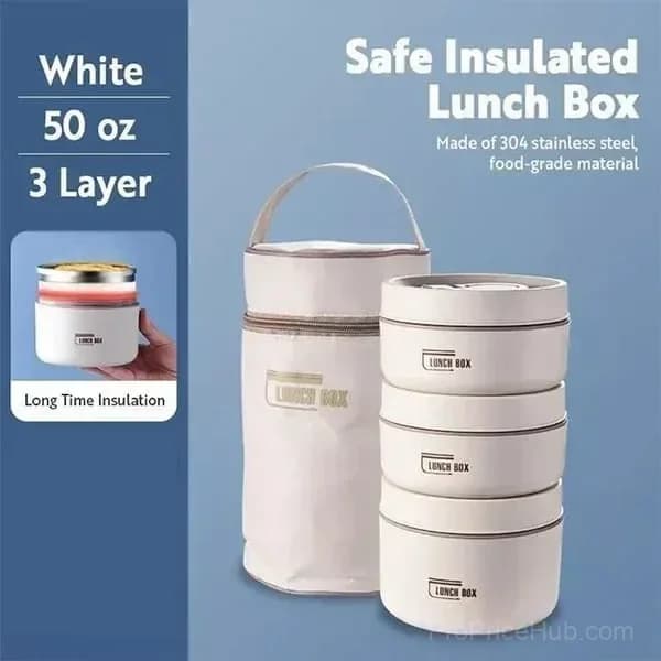 Portable 2-Tier Insulated Lunch Container Set with Bag, Beige - View 7