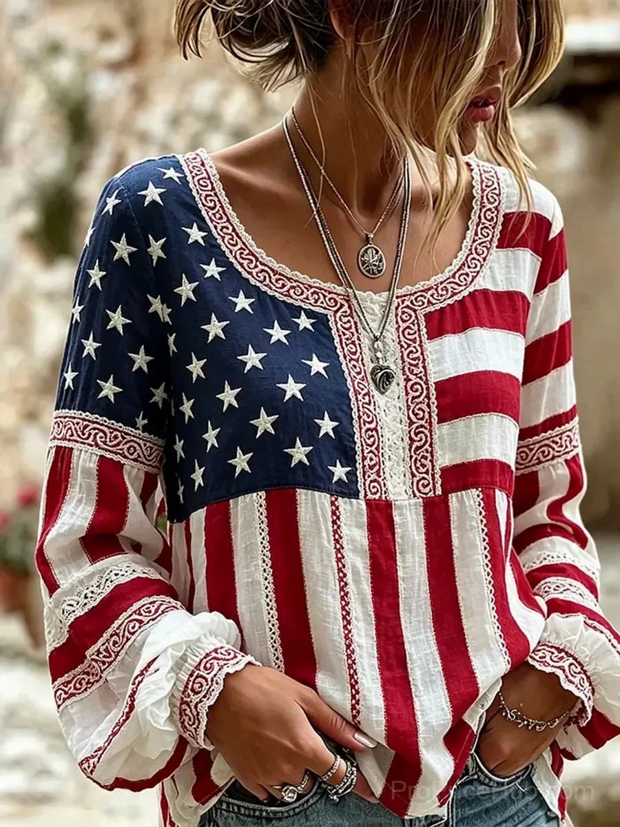 Women's Retro Floral Patchwork Art Print Long Sleeve T-Shirt - Main