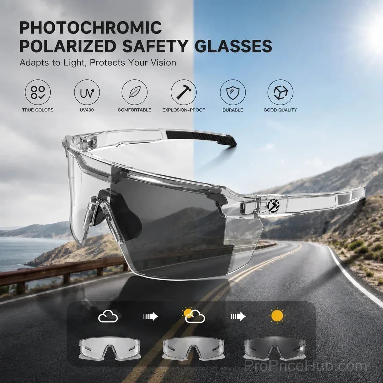 Impact Resistant UV400 Photochromic Polarized Sports & Work Safety Glasses - Main
