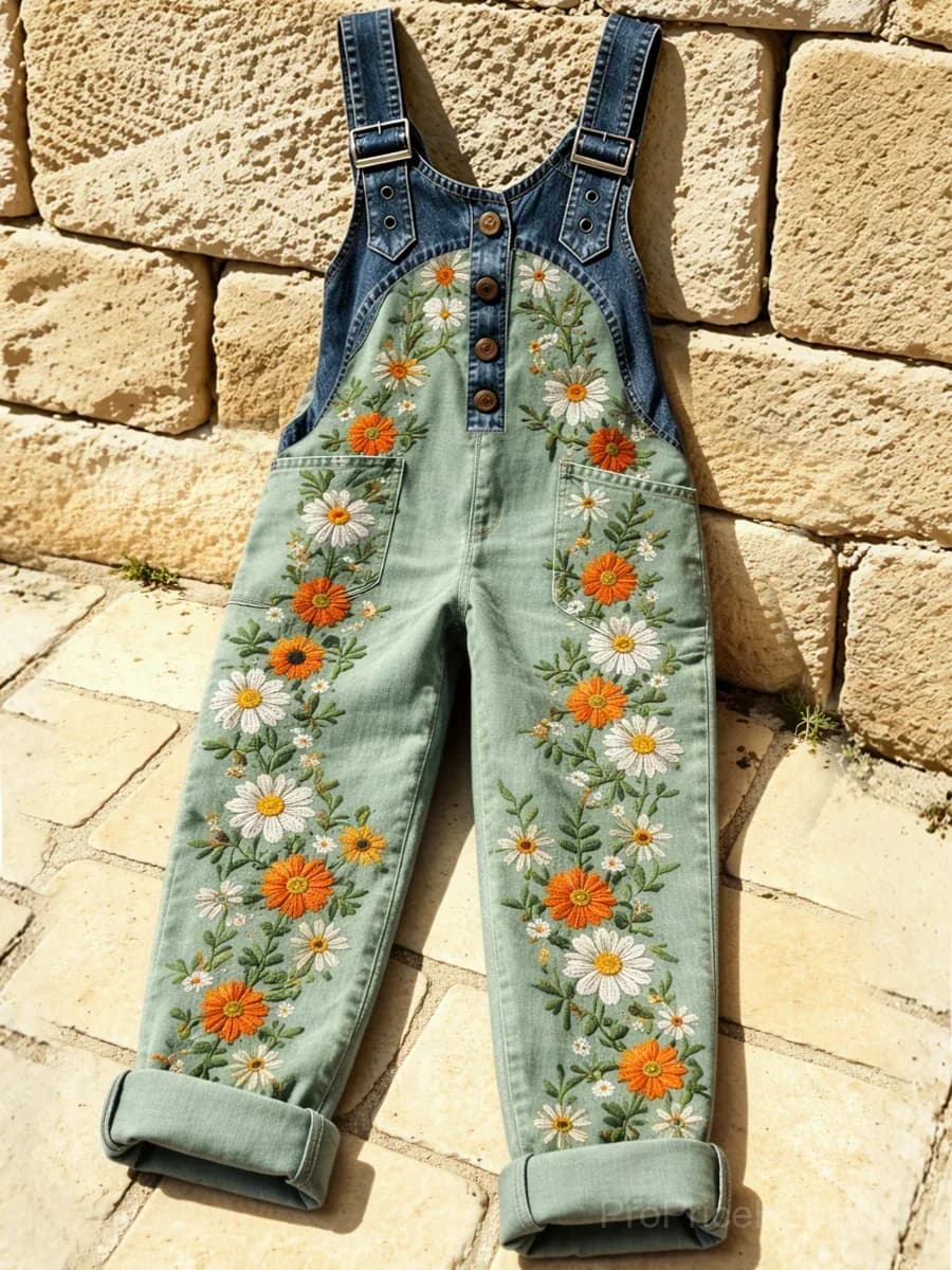 Women's Retro Art Print Washed Cotton Denim Patchwork Jumpsuit - Main