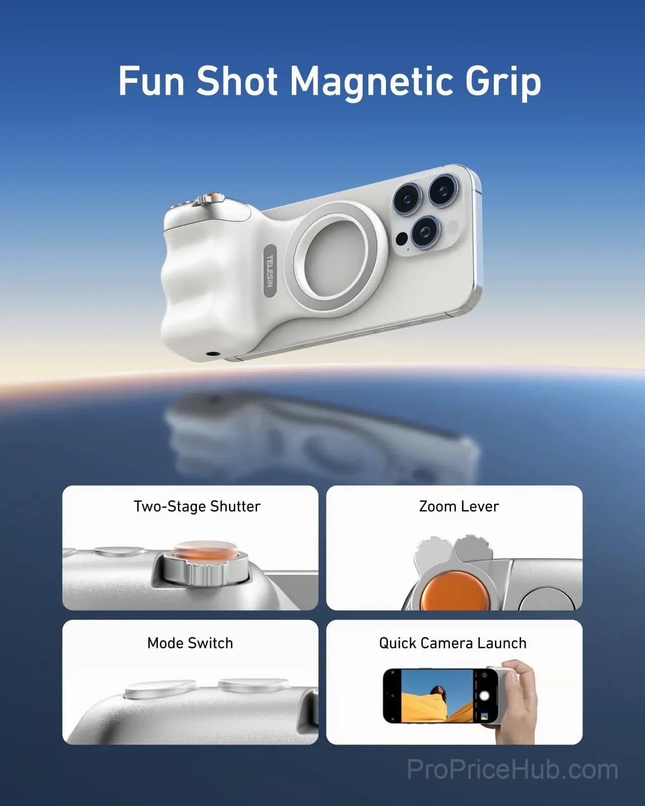 TELESIN Fun Shot Magnetic Phone Camera Grip, White, No Light - View 2