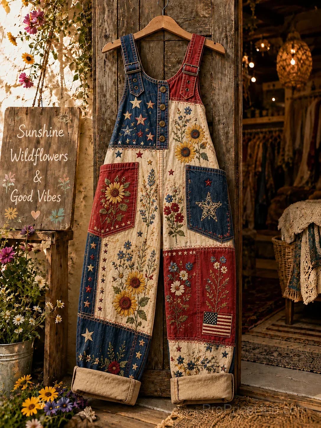 Women's Retro Art Print Patchwork Washed Cotton Denim Jumpsuit - Main