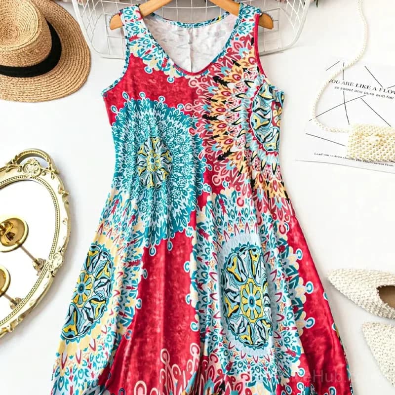 Yellow Sleeveless A-Line Printed Summer Dress, XL - View 12