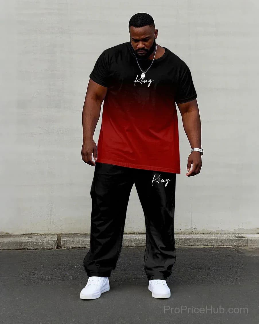 Men's Plus Size Red & Black Gradient King Print Tee & Pants Set - Main