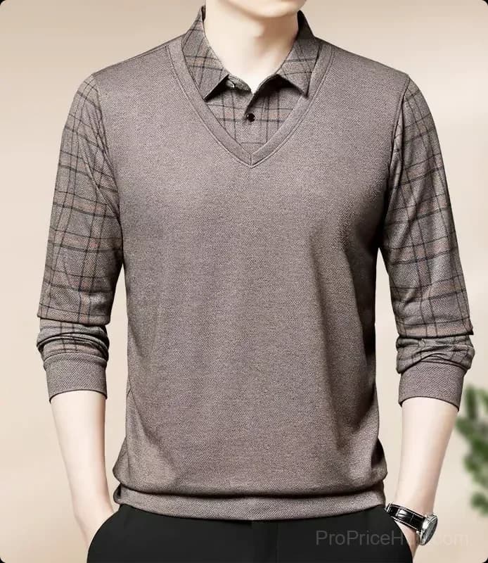 Men's Faux Two-Piece Lapel Long-Sleeve Top, Grey M - View 16