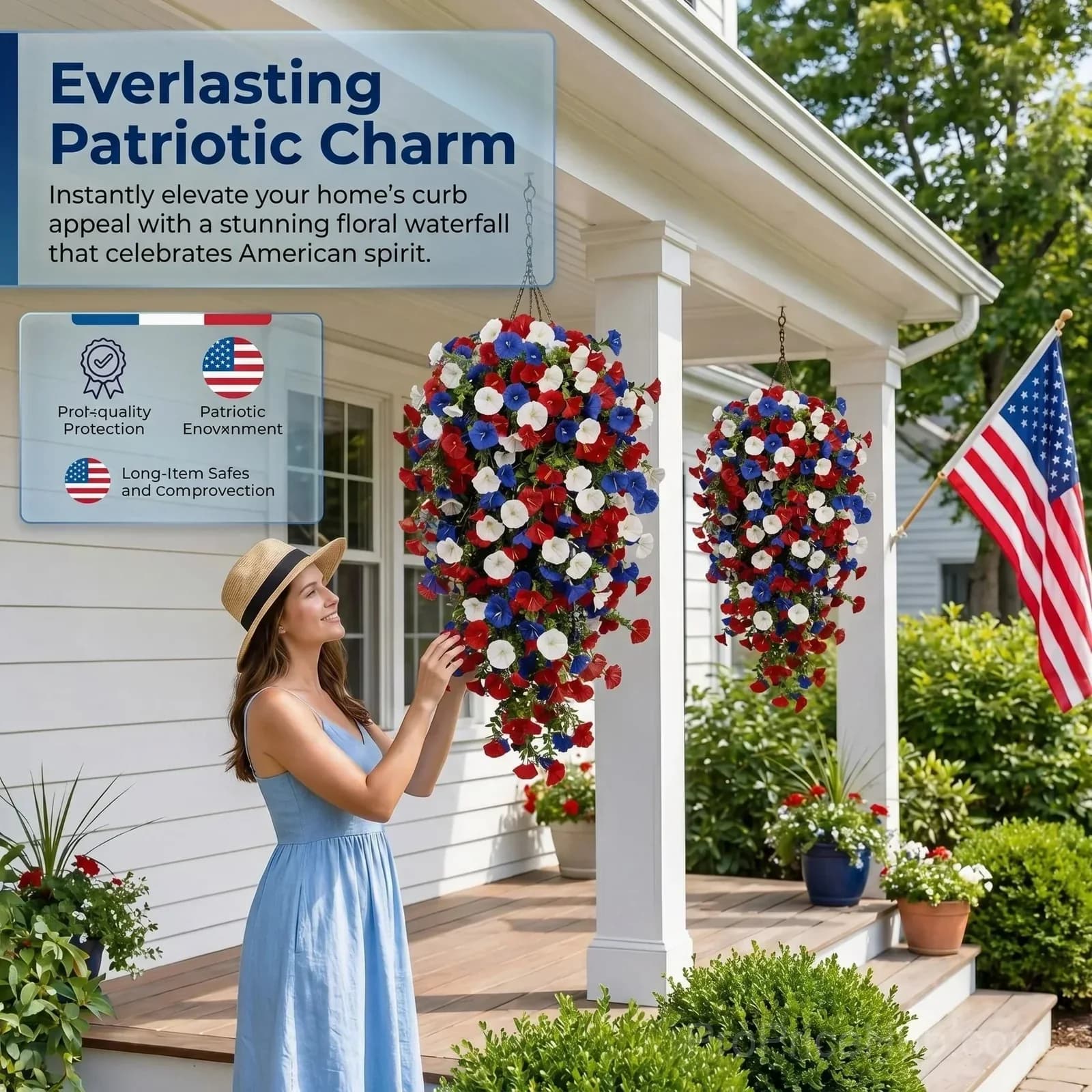 Patriotic Artificial Hanging Flower Baskets - No Maintenance Outdoor Decor - View 3