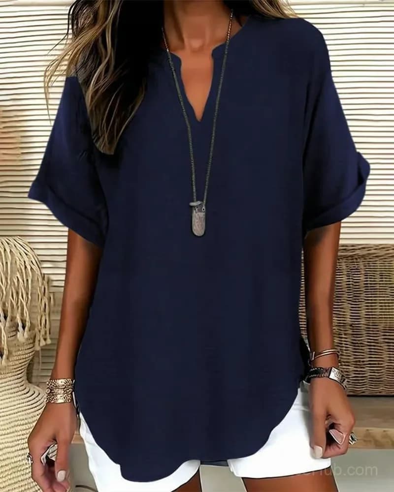 Women's Loose Solid Color Casual Blouse, Blue, US 4 (S) - View 4