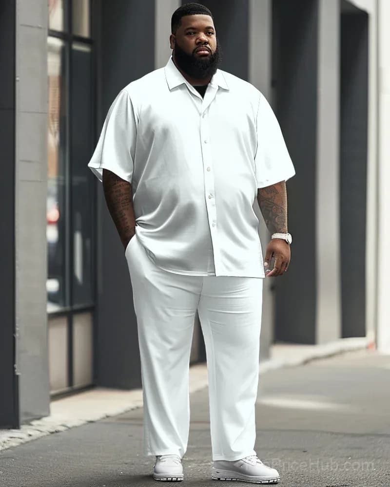 White Big Men's Short Sleeve Shirt & Trousers Set - Main