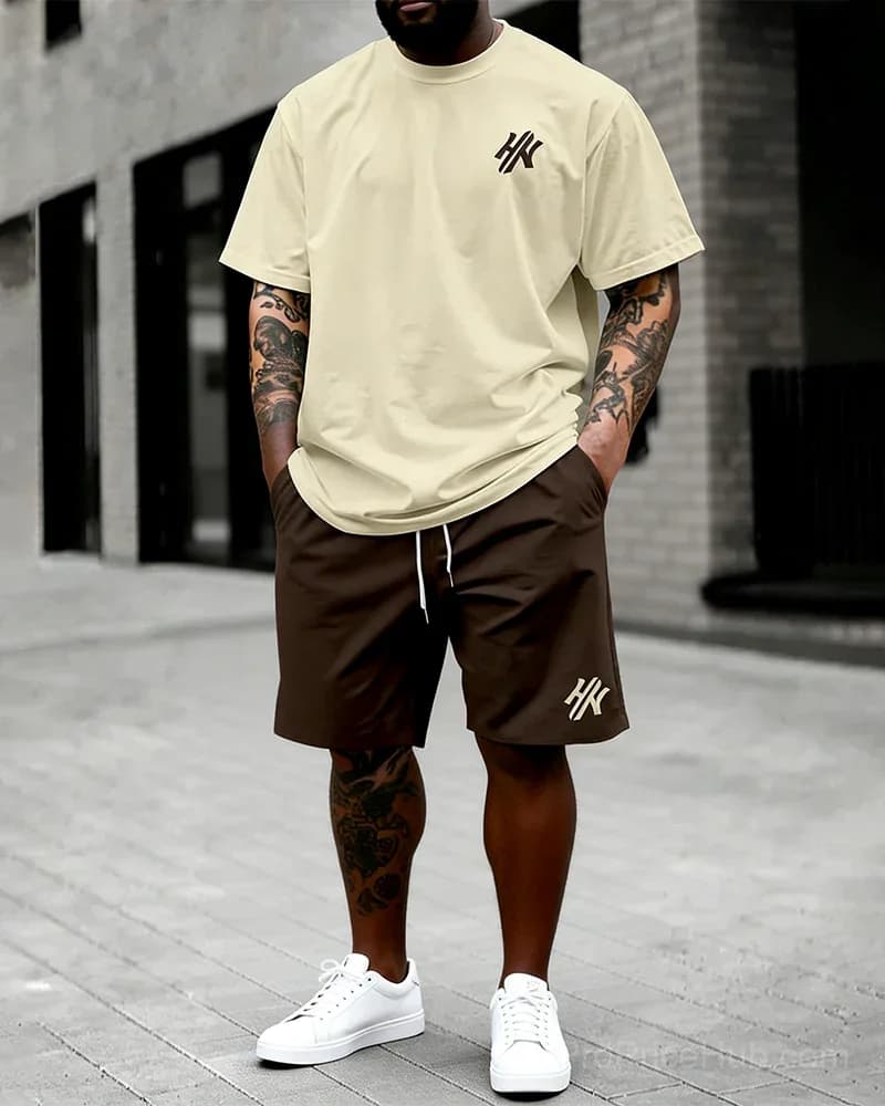 Big & Tall Men's Dark Brown Letter Print T-Shirt & Shorts Set - View 8