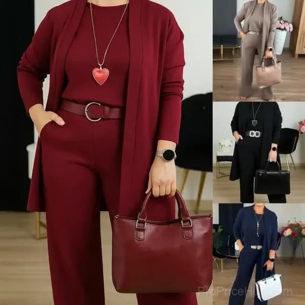3-Piece Long Cardigan, Top and Pants Set, Brown, S - View 2