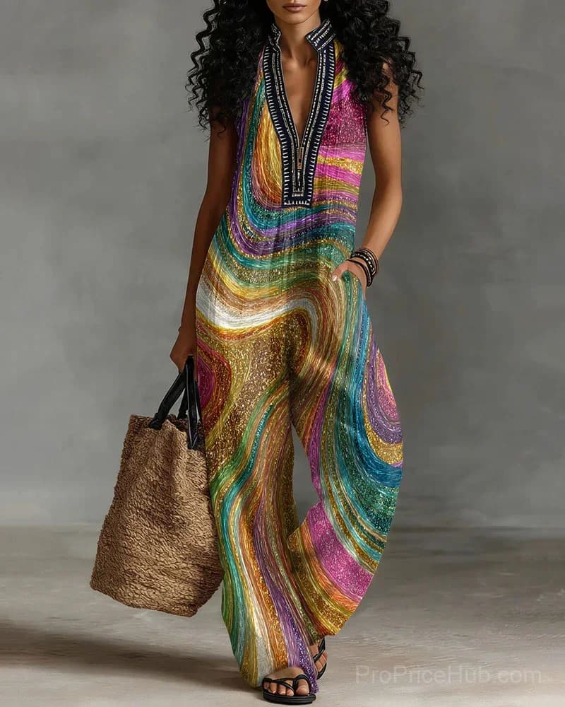Linen Blend Color-Block Abstract Stripe Sleeveless Jumpsuit with Stand Collar - Main
