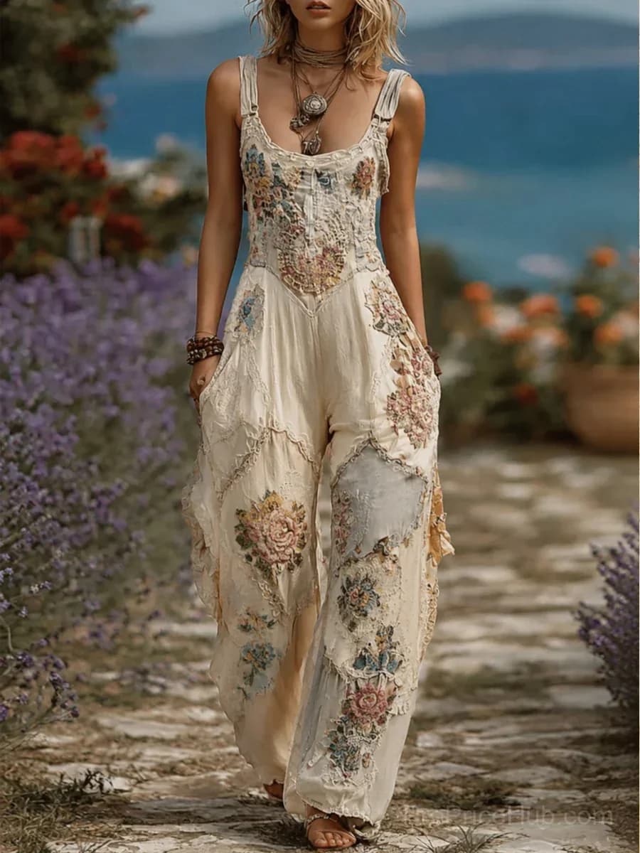 Women's Retro Washed Denim Art Print Patchwork Jumpsuit - Main