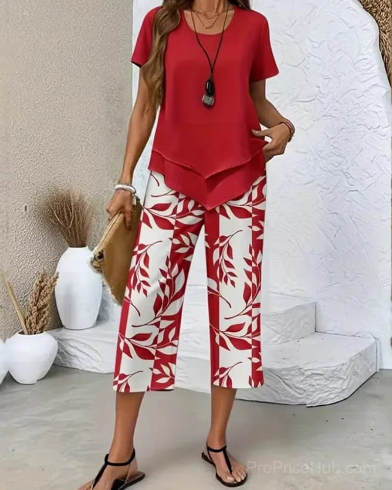 Printed Cropped Pants Casual Two-Piece Set, Green, US 4/S - View 4
