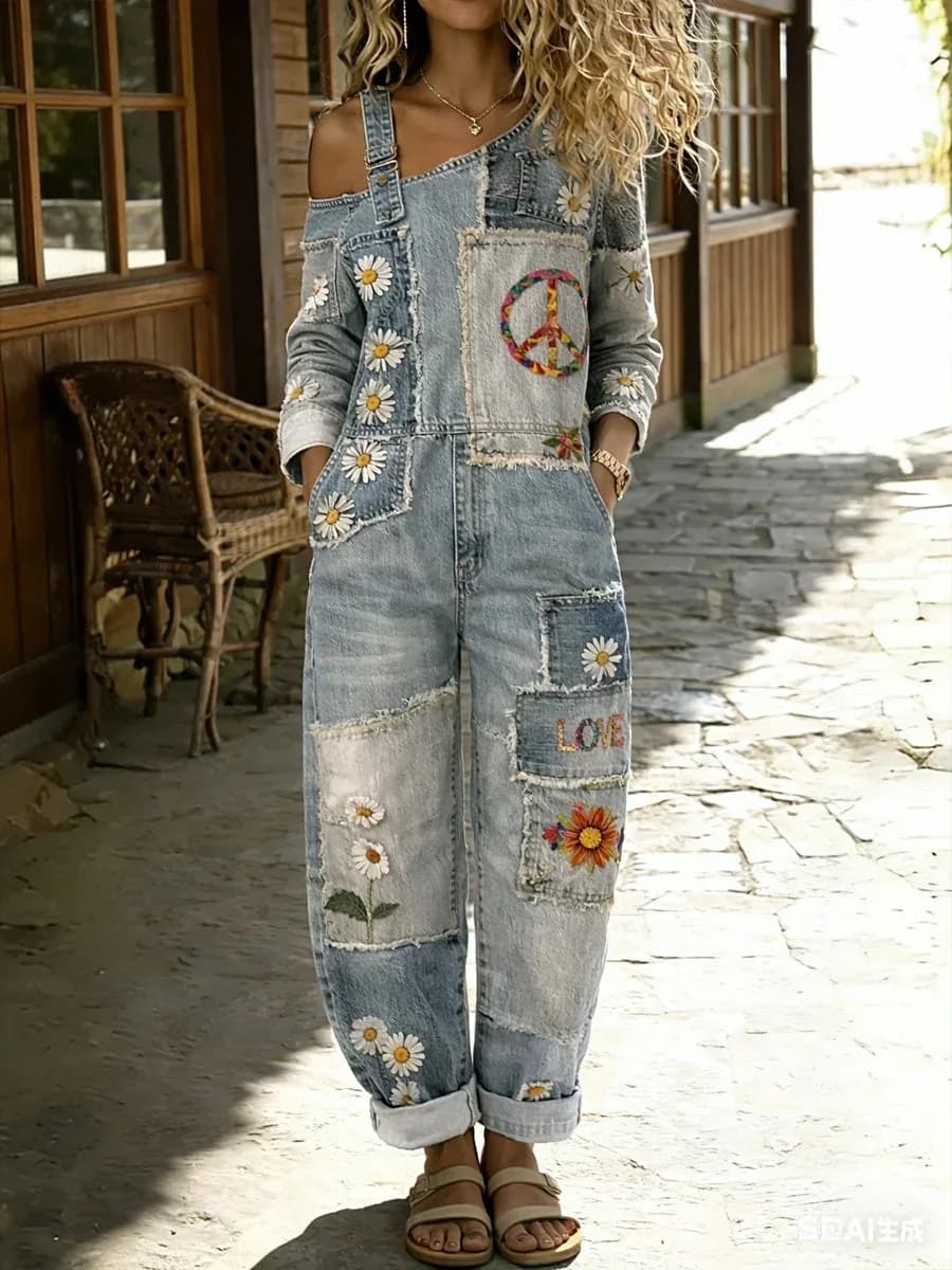 Women's Retro Floral Washed Cotton Denim Patchwork Jumpsuit - Main