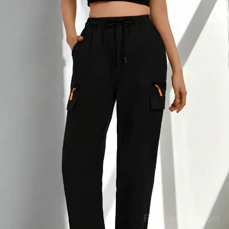 Women's Drawstring Cargo Pants, Relaxed Straight Leg, Black S - Main