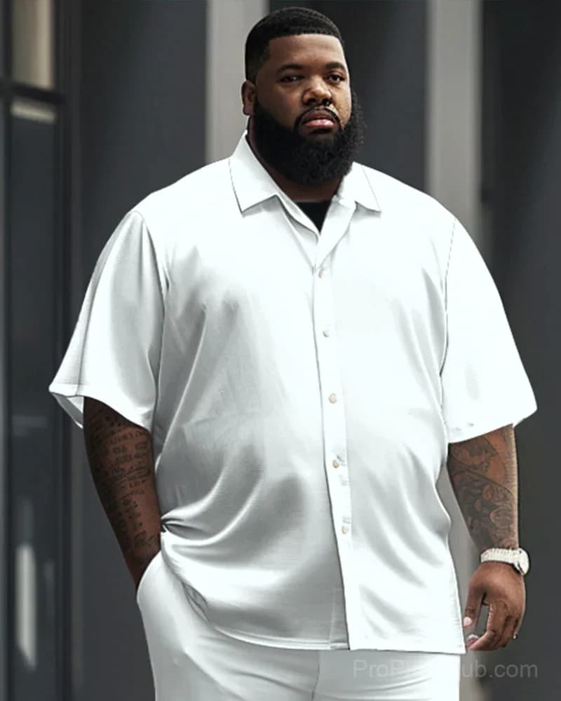 White Big Men's Short Sleeve Shirt & Trousers Set - Alt