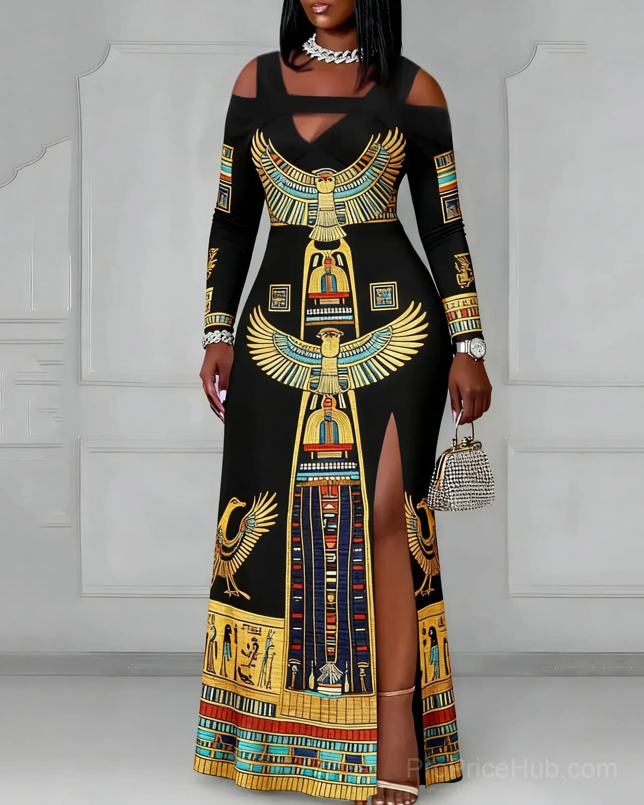 Black Off-Shoulder V-Neck Long Sleeve Bodycon Party Dress with Egyptian Print - Main