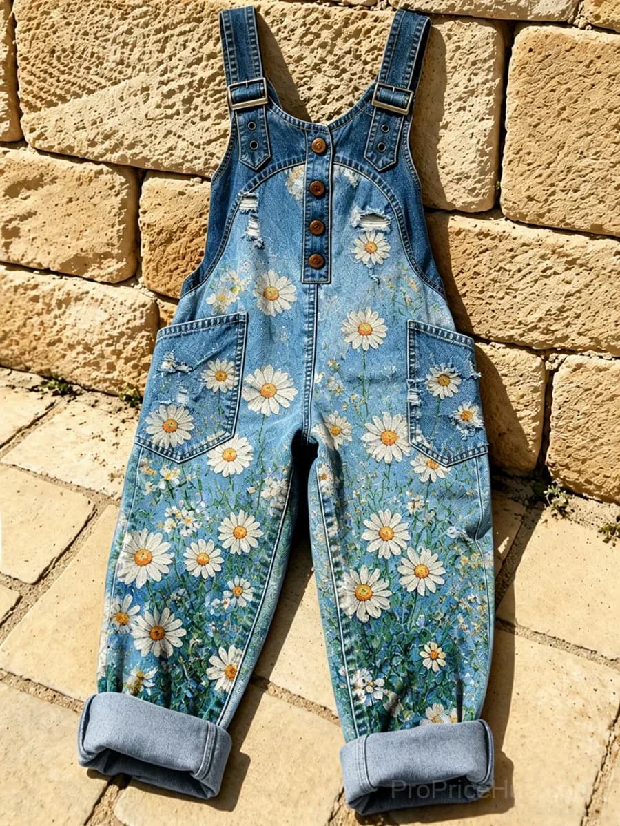 Women's Retro Print Washed Cotton Denim Patchwork Jumpsuit - Main