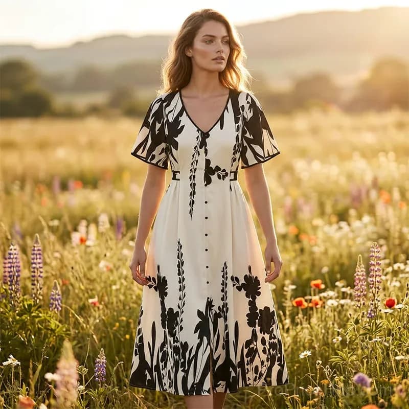 Elegant V-Neck Botanical Print Midi Dress, Beige, XL - Main