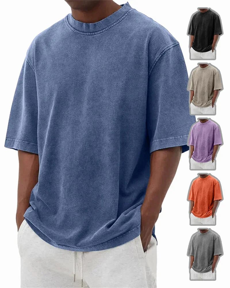 Men's Washed Solid Color Pullover T-Shirt - S to 5XL - View 2