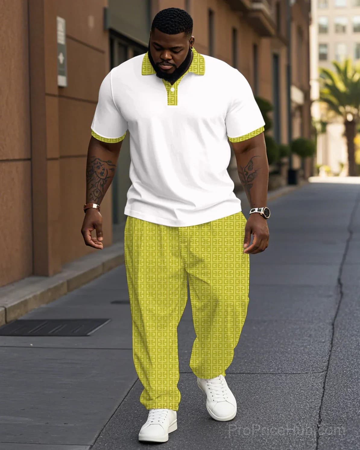Men's Plus Size Casual Geometric Jacquard Polo Shirt & Trousers Suit Set - Main