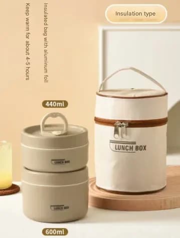 Portable 2-Tier Insulated Lunch Container Set with Bag, Beige - View 12