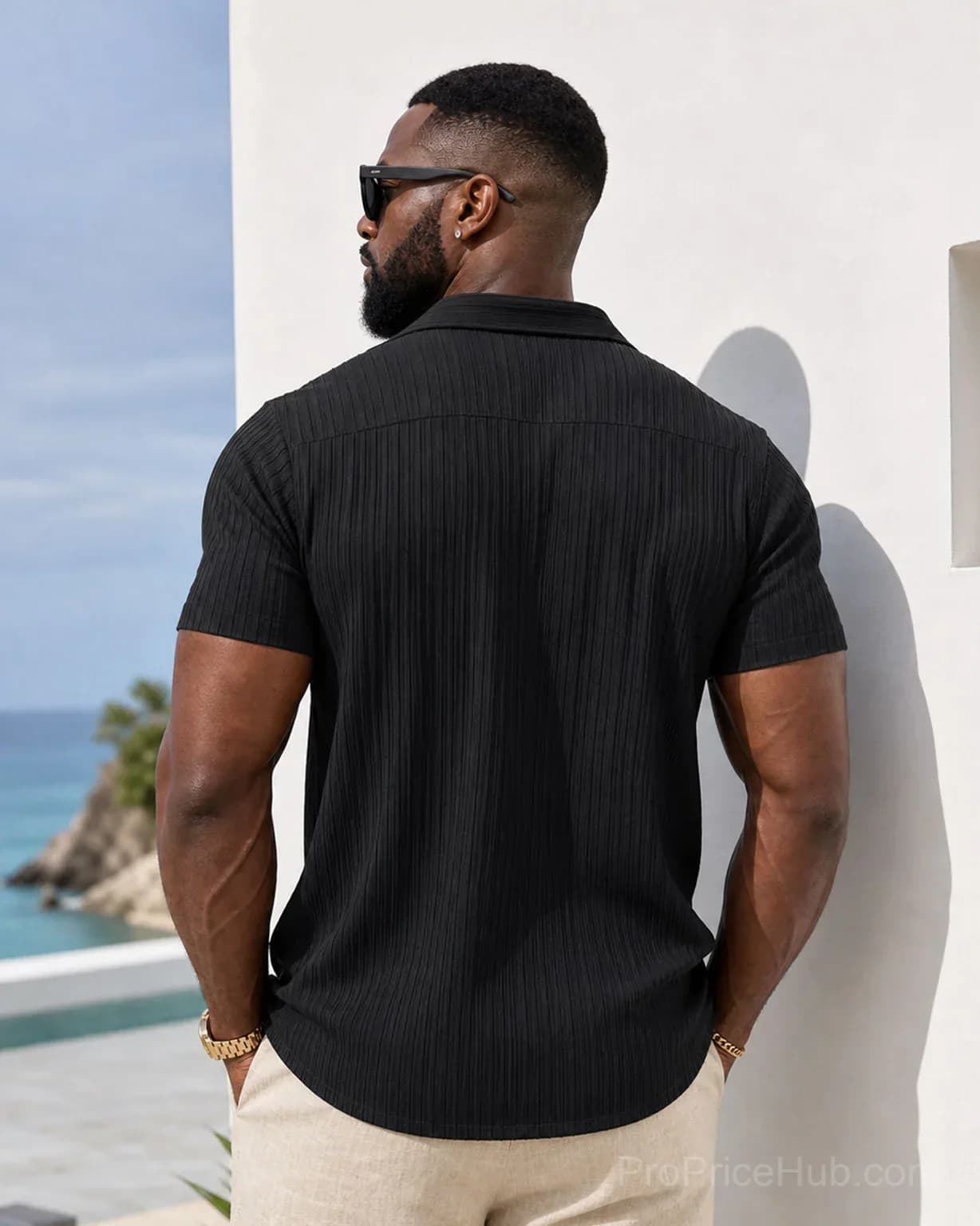 Men's Striped Jacquard Textured Short Sleeve Summer Beach Shirt - View 8