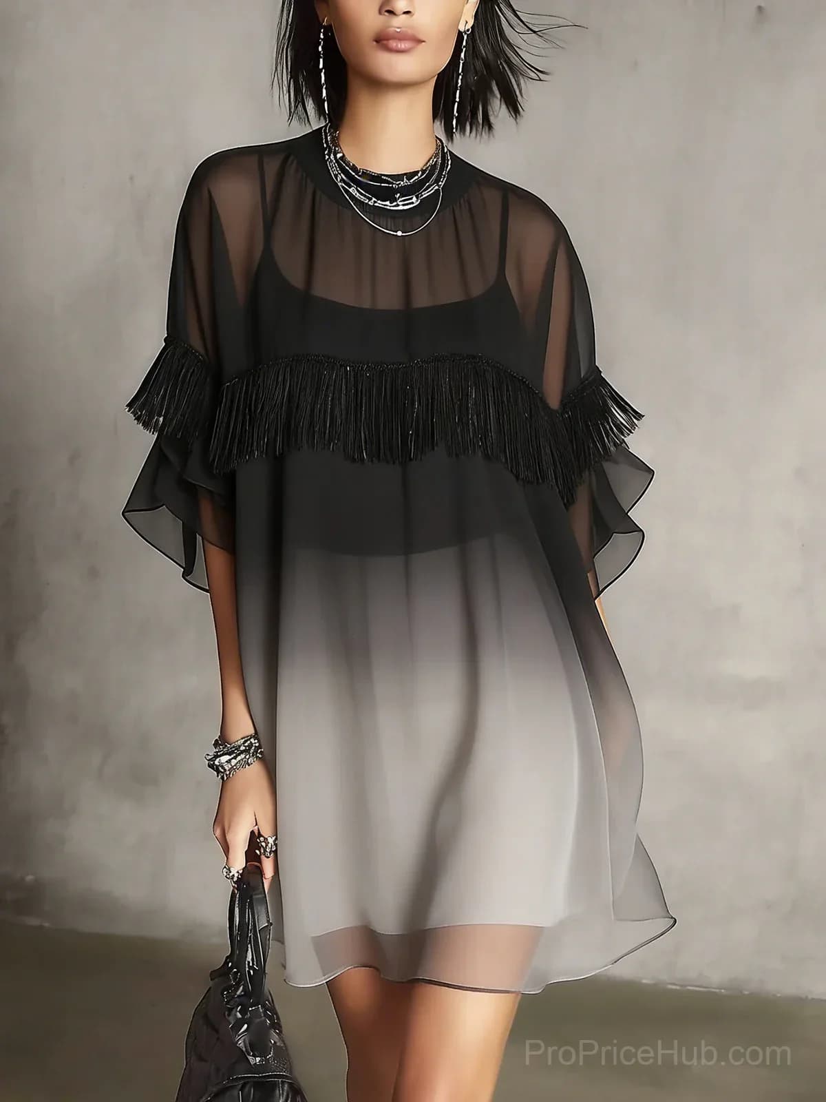 Black Ombre Sheer Fringe Detail Floaty Mini Dress - Main