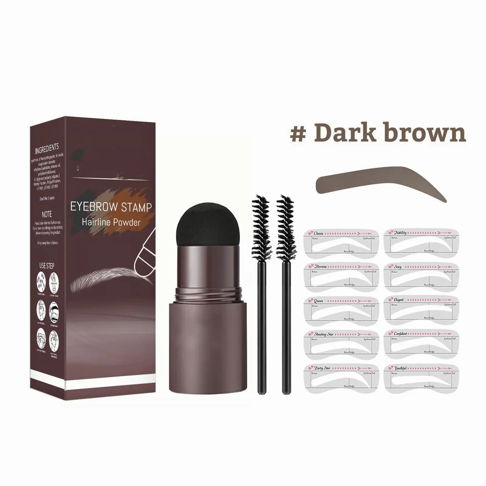 Brow Stamp Set with 10 Templates and 2 Brow Brushes - Dark Brown - Main