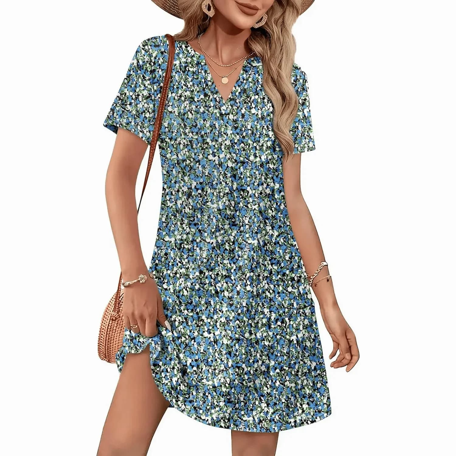 Women's Casual V-Neck Short Sleeve Summer Beach Dress - View 3