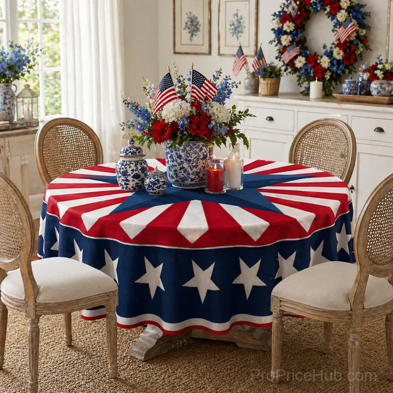 Patriotic Starburst Round Tablecloth - July 4th Independence Day Decor - Main